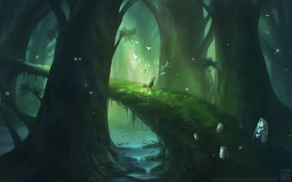 A serene fantasy forest with towering trees and a glowing, moss-covered bridge. Soft light filters through, illuminating pockets of magical greenery and subtle ethereal details.
