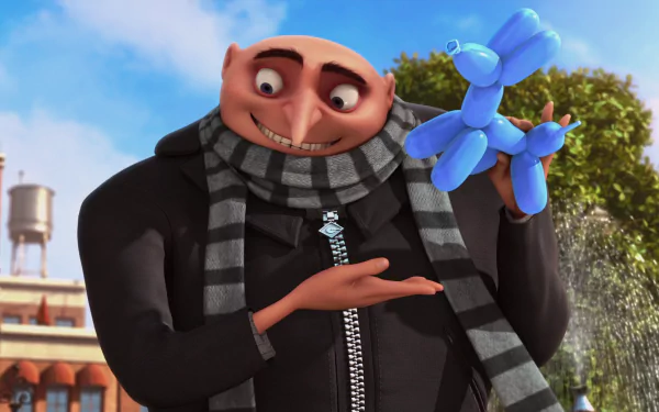 HD PC desktop wallpaper featuring Gru from the movie Despicable Me holding a blue balloon animal against a bright outdoor background.