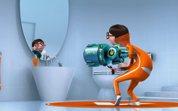 Vector from Despicable Me aims a high-tech gadget in a bathroom, captured in a vibrant HD PC desktop wallpaper background from the movie.