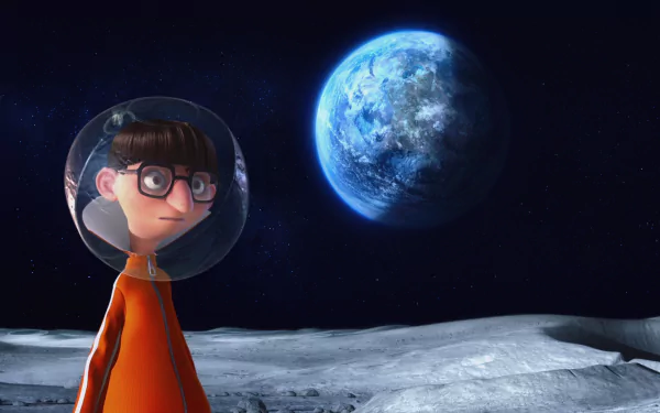 HD PC desktop wallpaper: Vector (Despicable Me) on a moonlike surface in an orange suit and helmet, Earth and stars visible in the background.