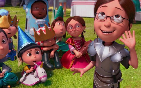 HD desktop wallpaper from Despicable Me 2 featuring Agnes and Margo dressed in costumes at an outdoor event with other children in the background.