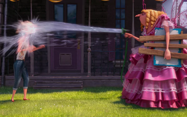 HD desktop wallpaper from Despicable Me 2 featuring Gru and a character in a pink dress spraying water in a playful outdoor scene.