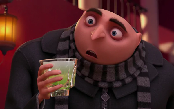 HD PC desktop wallpaper featuring Gru from the movie Despicable Me 2, holding a glass with a surprised expression.
