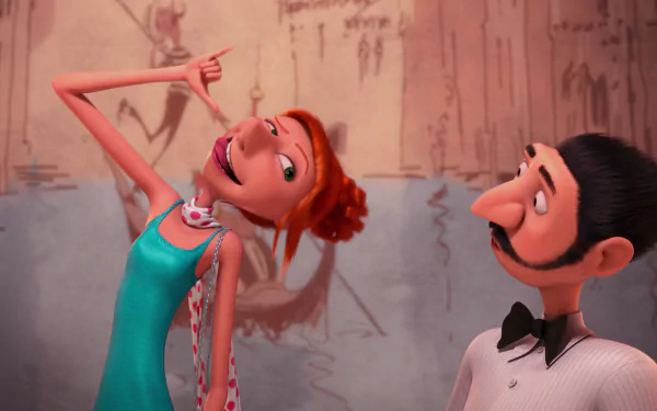 HD PC desktop wallpaper featuring Lucy from the movie Despicable Me 2 striking a playful pose next to a man in a tuxedo.