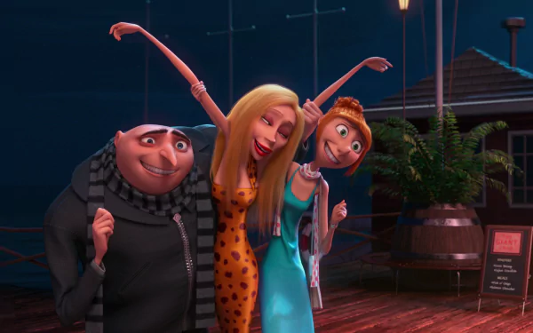 HD PC desktop wallpaper featuring Lucy, Gru, and another character from the movie Despicable Me 2, posing together in a nighttime setting.