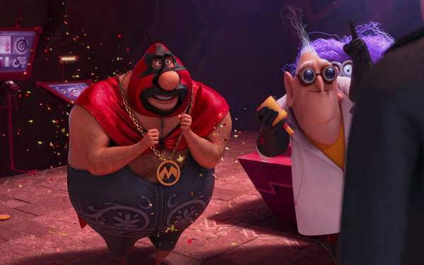 HD PC desktop wallpaper featuring Dr. Nefario and Eduardo/El Macho from the movie Despicable Me 2 in a vibrant, detailed animated scene.