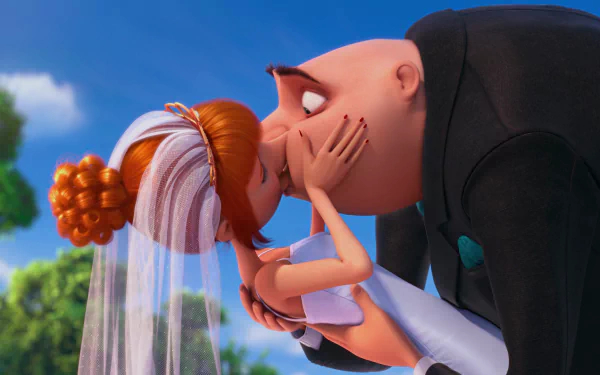 Lucy and Gru share a romantic kiss in this vibrant HD wallpaper from Despicable Me 2, capturing the heartfelt moment between the beloved characters.