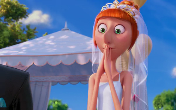 Lucy from Despicable Me 2 smiles with excitement in this HD wallpaper, showcasing her wedding look against a sunny outdoor backdrop.