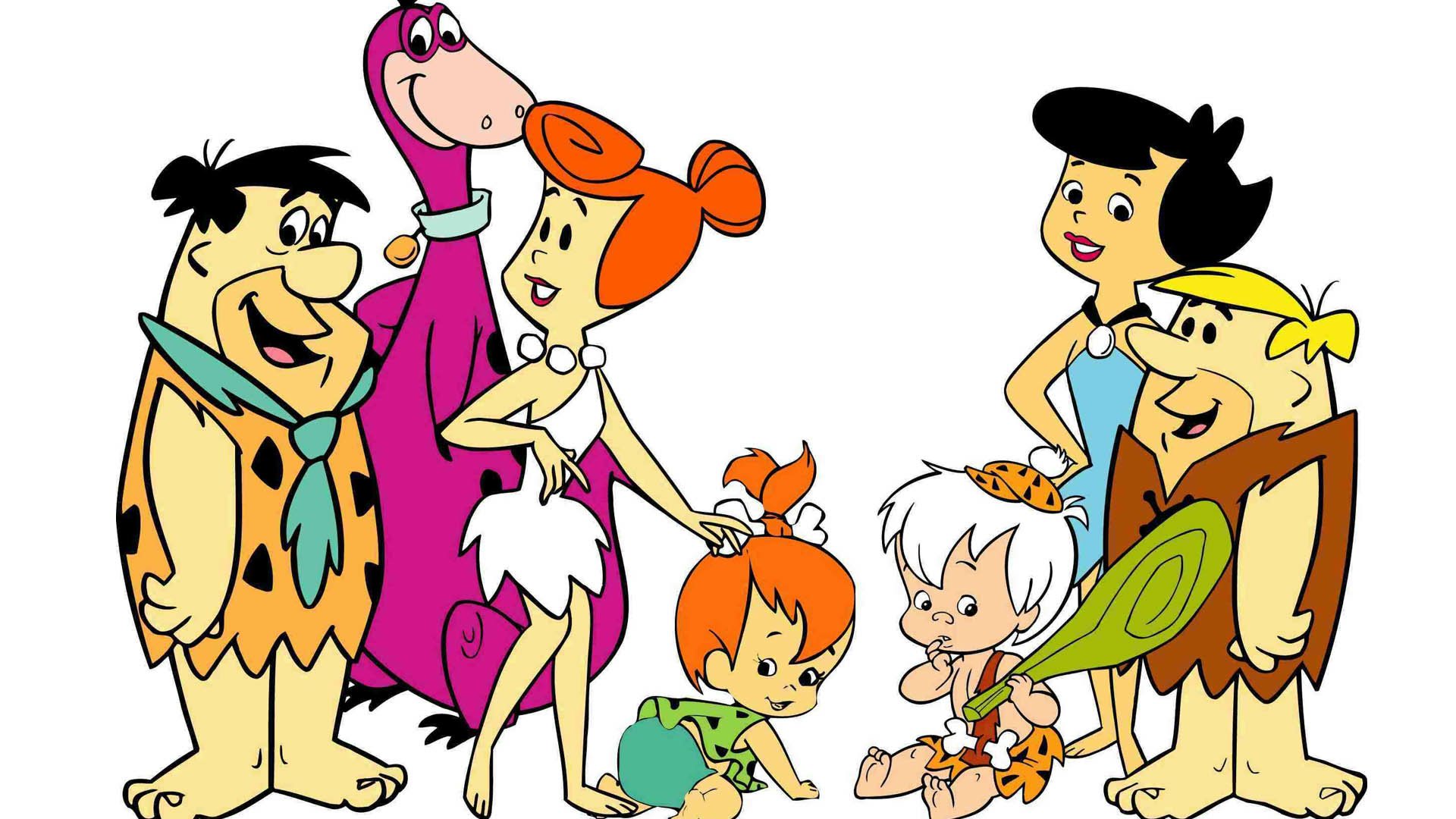 Colorful HD wallpaper featuring characters from The Flintstones, including Fred, Wilma, Barney, Betty, and their children in a playful prehistoric setting.
