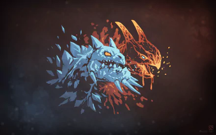 A dynamic HD desktop wallpaper featuring iconic characters from the video game DotA 2, showcasing contrasting ice and fire design elements.