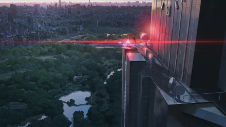 HD wallpaper of a scenic sunset view from The Garden of Words anime overlooking a lush park from a high-rise building.