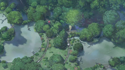 HD desktop wallpaper from The Garden of Words featuring a lush green garden with pathways and a rainy atmosphere.