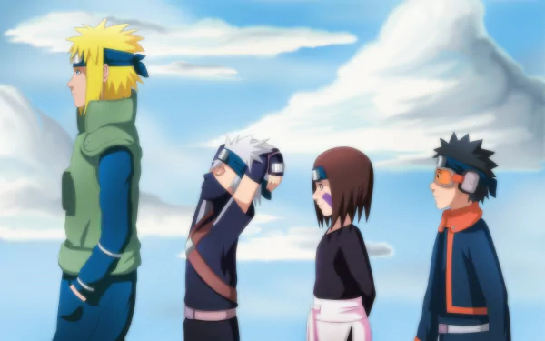 HD desktop wallpaper featuring characters Obito Uchiha, Kakashi Hatake, Hokage, and another character from the anime Naruto standing in a line against a sky with clouds background.