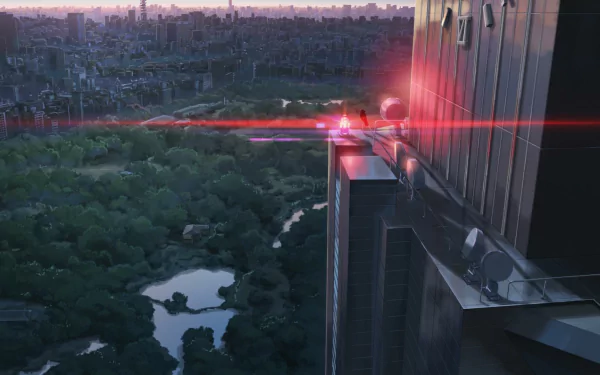 HD wallpaper of a scenic sunset view from The Garden of Words anime overlooking a lush park from a high-rise building.