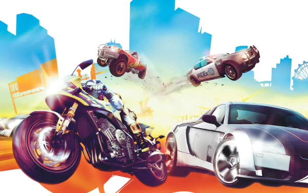 Vibrant HD wallpaper featuring intense action from Burnout Paradise, showcasing a motorcycle and cars in mid-air amidst a colorful city skyline backdrop.
