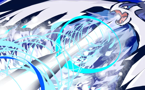 A dynamic HD desktop wallpaper featuring Lugia from Pokémon, showcasing its powerful form as it unleashes an energy wave amidst swirling blue graphics.