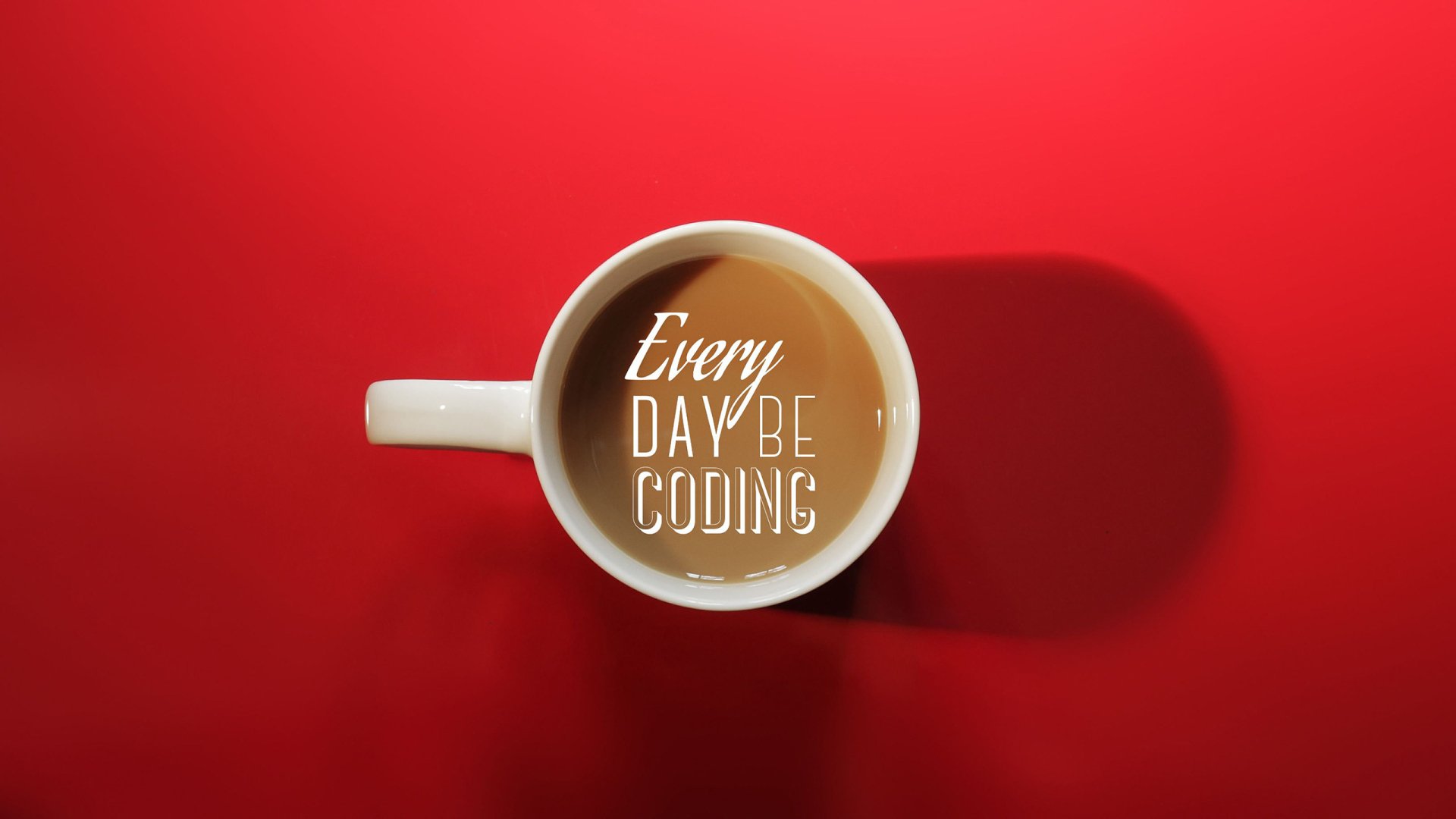 HD desktop wallpaper featuring a coffee cup with the text Every Day Be Coding on the surface, set against a vibrant red background, blending coding, food, and coffee themes.