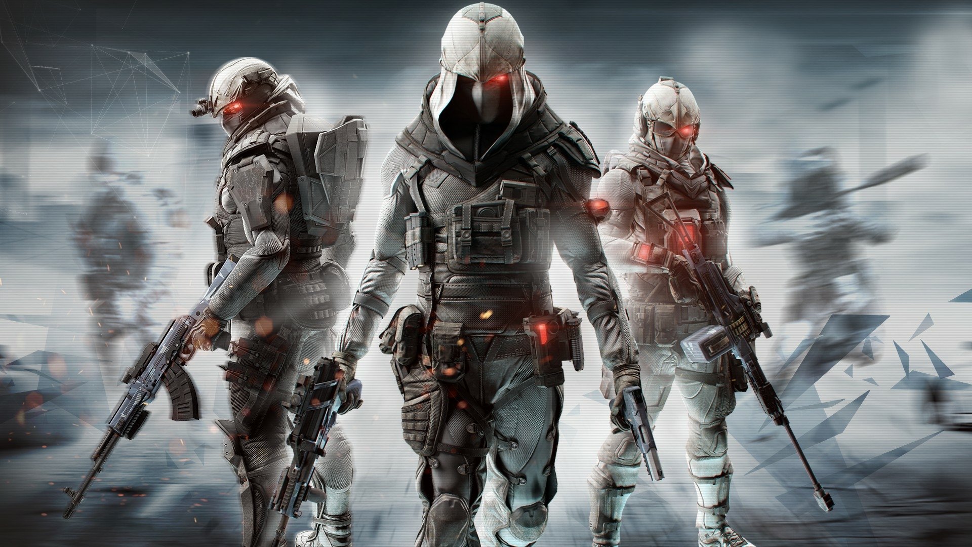 HD PC desktop wallpaper showcasing three futuristic soldiers from the video game Tom Clancy's Ghost Recon Phantoms, armed and ready in a misty, intense battlefield scene.