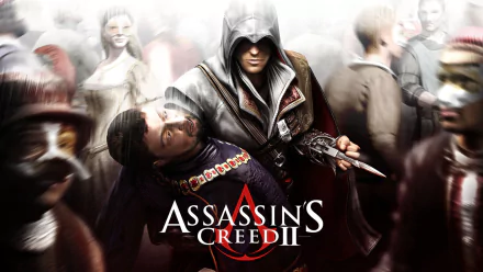 HD PC desktop wallpaper of the video game Assassin's Creed II: hooded assassin Ezio deploying a hidden blade on a man amid a blurred crowd, Assassin's Creed II logo at the bottom.