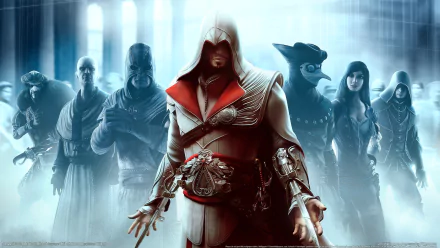 HD PC desktop wallpaper featuring the main character and allies from the video game Assassin's Creed: Brotherhood in a dramatic, misty setting.