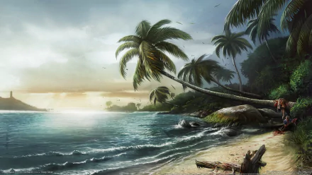 HD PC desktop wallpaper showcasing a tropical beach scene from the video game Dead Island, featuring palm trees, ocean waves, and a dramatic sky at sunset.