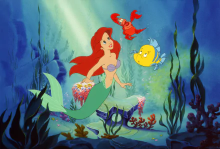 Ariel, the iconic mermaid with long red hair, swims through an underwater scene accompanied by Sebastian the crab and Flounder, vibrant fish, capturing the magic of *The Little Mermaid* (1989).