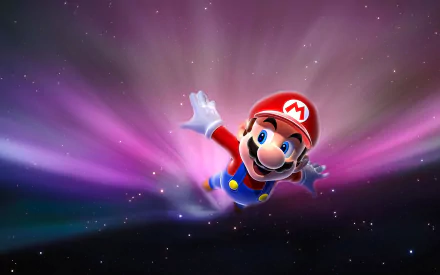 A vibrant HD PC desktop wallpaper featuring Mario soaring through a colorful cosmic background, bringing a playful video game atmosphere to your screen.