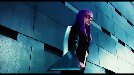 HD PC desktop wallpaper from the movie Ultraviolet: purple-haired woman in sunglasses and a futuristic coat stands against a blue metallic tiled wall.