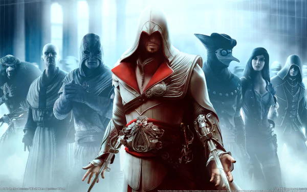HD PC desktop wallpaper featuring the main character and allies from the video game Assassin's Creed: Brotherhood in a dramatic, misty setting.