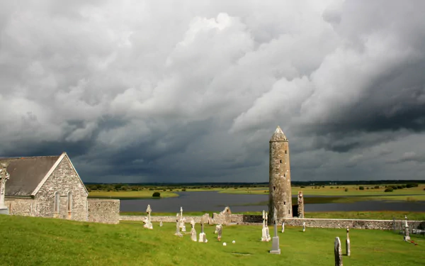 tower architecture cemetery landscape monastery cross Ireland Clonmacnoise religious Clonmacnoise Monastery HD Desktop Wallpaper | Background Image