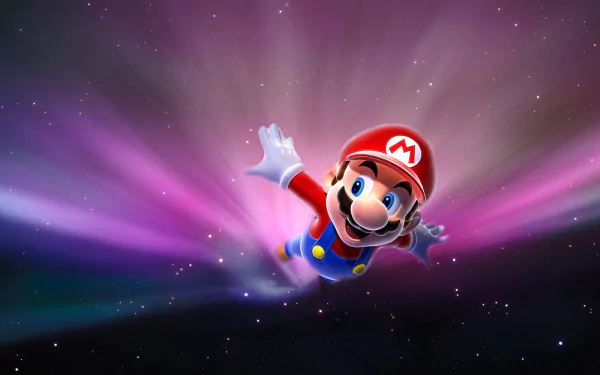 A vibrant HD PC desktop wallpaper featuring Mario soaring through a colorful cosmic background, bringing a playful video game atmosphere to your screen.