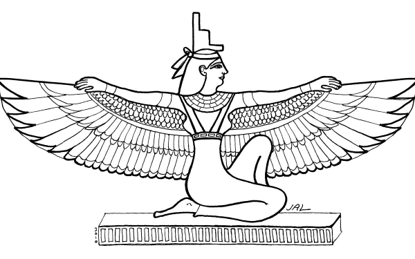 Artistic line drawing of the Egyptian goddess Isis kneeling with outstretched wings on a pedestal — 2K Quad HD PC desktop wallpaper/background.