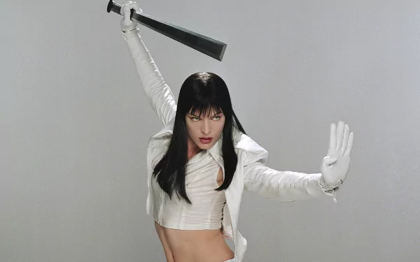HD PC desktop wallpaper featuring a dynamic scene from the movie Ultraviolet, showing the protagonist in a white outfit wielding a sword.