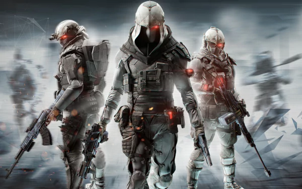 HD PC desktop wallpaper showcasing three futuristic soldiers from the video game Tom Clancy's Ghost Recon Phantoms, armed and ready in a misty, intense battlefield scene.