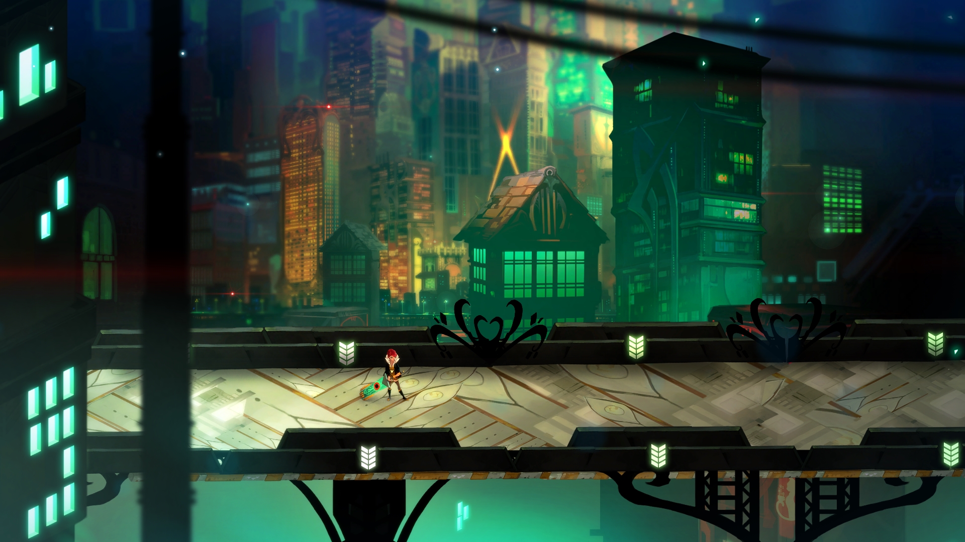HD wallpaper featuring a scene from the game Transistor with a character standing in a futuristic cityscape.