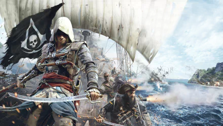 An HD wallpaper from Assassin's Creed IV: Black Flag, featuring a protagonist wielding a sword on a pirate ship, with dramatic ocean battles and a skull flag in the background.