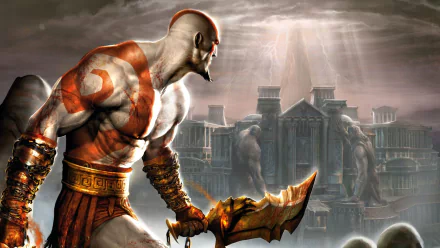 A high-definition desktop wallpaper featuring a scene from the video game God of War II, showcasing the protagonist Kratos wielding a large weapon in front of an ancient, imposing temple.
