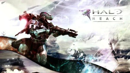 A dynamic HD wallpaper from the video game Halo: Reach, featuring a heroic soldier armed with advanced weaponry set against a cosmic backdrop.