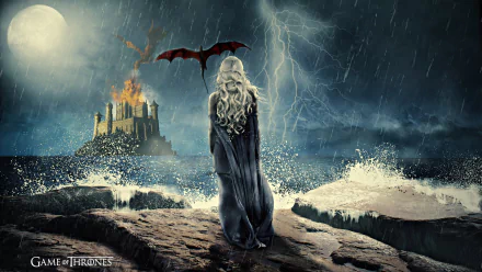 A dramatic HD wallpaper featuring Daenerys Targaryen from Game of Thrones, standing on rocky shores with a dragon, as a storm brews in the background and a castle burns.