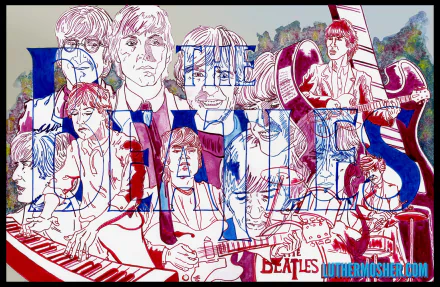 HD PC desktop wallpaper: colorful illustrated music collage of 1960s rock band portraits layered with bold title text, guitars, piano and retro psychedelic colors.
