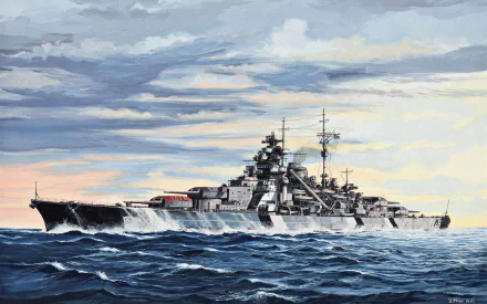 A stunning HD wallpaper of the German battleship Bismarck sailing through turbulent waters under a dramatic sky, capturing the essence of military might and maritime history.