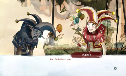 HD wallpaper from Child of Light featuring characters Rubella and a sorrowful companion in a whimsical, storybook art style.