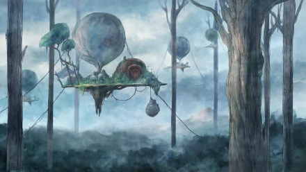 HD desktop wallpaper of a whimsical scene from Child of Light, featuring floating islands and misty woods.