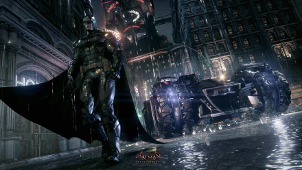 HD desktop wallpaper from Batman: Arkham Knight featuring Batman standing next to the Batmobile in a dark, rainy Gotham City setting.