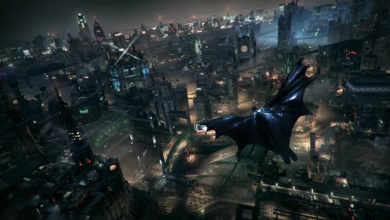 A stunning HD wallpaper from Batman: Arkham Knight, featuring Batman soaring over a vibrant, illuminated Gotham City at night, showcasing the game's impressive graphics and atmosphere.