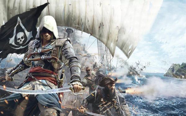 An HD wallpaper from Assassin's Creed IV: Black Flag, featuring a protagonist wielding a sword on a pirate ship, with dramatic ocean battles and a skull flag in the background.