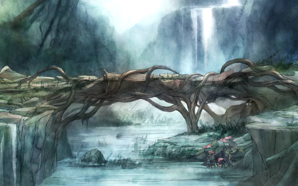 HD desktop wallpaper from the video game Child Of Light, depicting a mystical forest scene with a waterfall and natural wooden bridge over a calm river.
