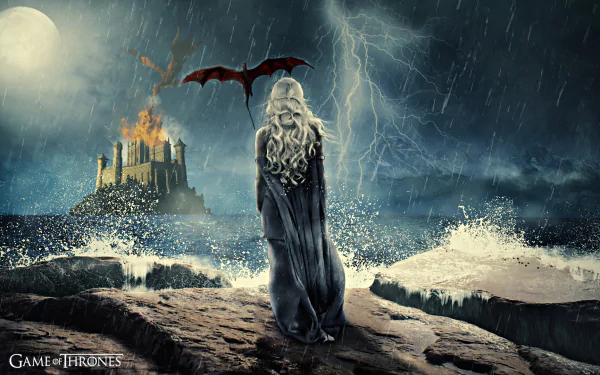 A dramatic HD wallpaper featuring Daenerys Targaryen from Game of Thrones, standing on rocky shores with a dragon, as a storm brews in the background and a castle burns.