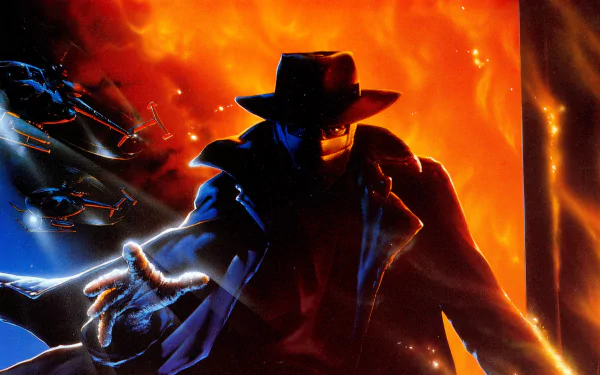 4K Ultra HD PC desktop wallpaper featuring Darkman in a dramatic pose against a fiery orange background with helicopters in flight.