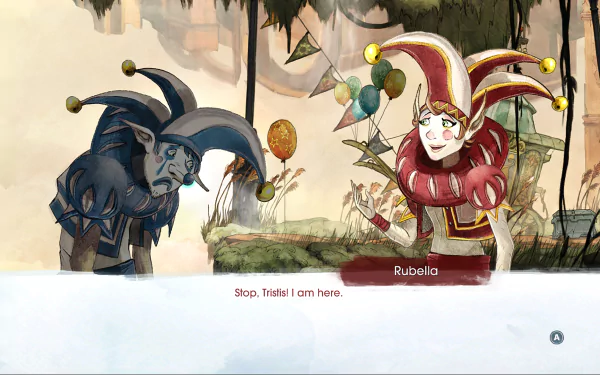 HD wallpaper from Child of Light featuring characters Rubella and a sorrowful companion in a whimsical, storybook art style.